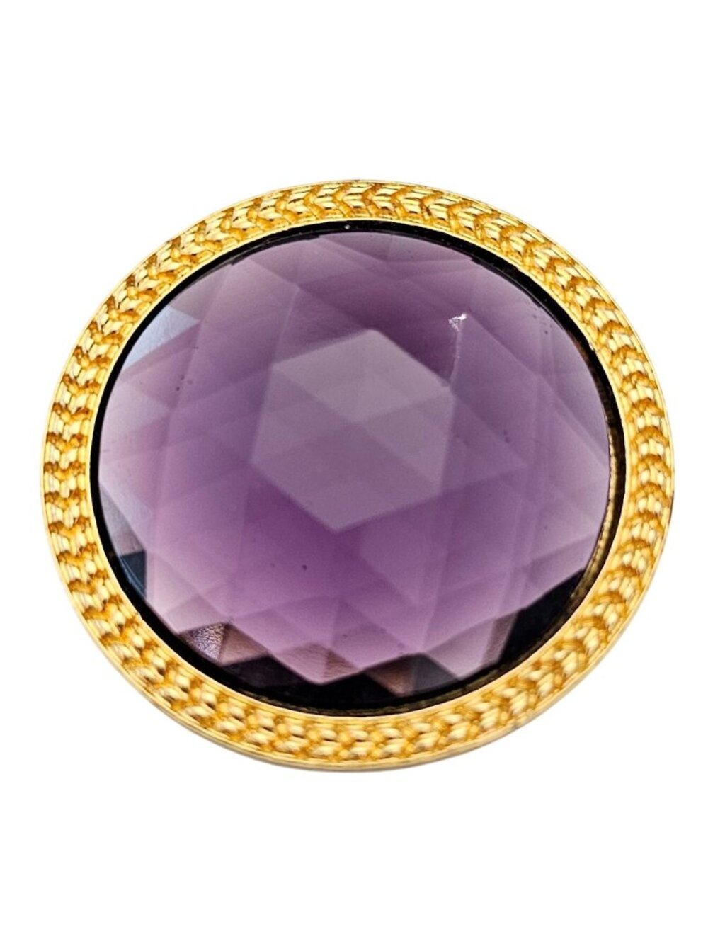 MMA Purple Faceted Glass Brooch Round UV Reactive Pin Pendant Signed, J826